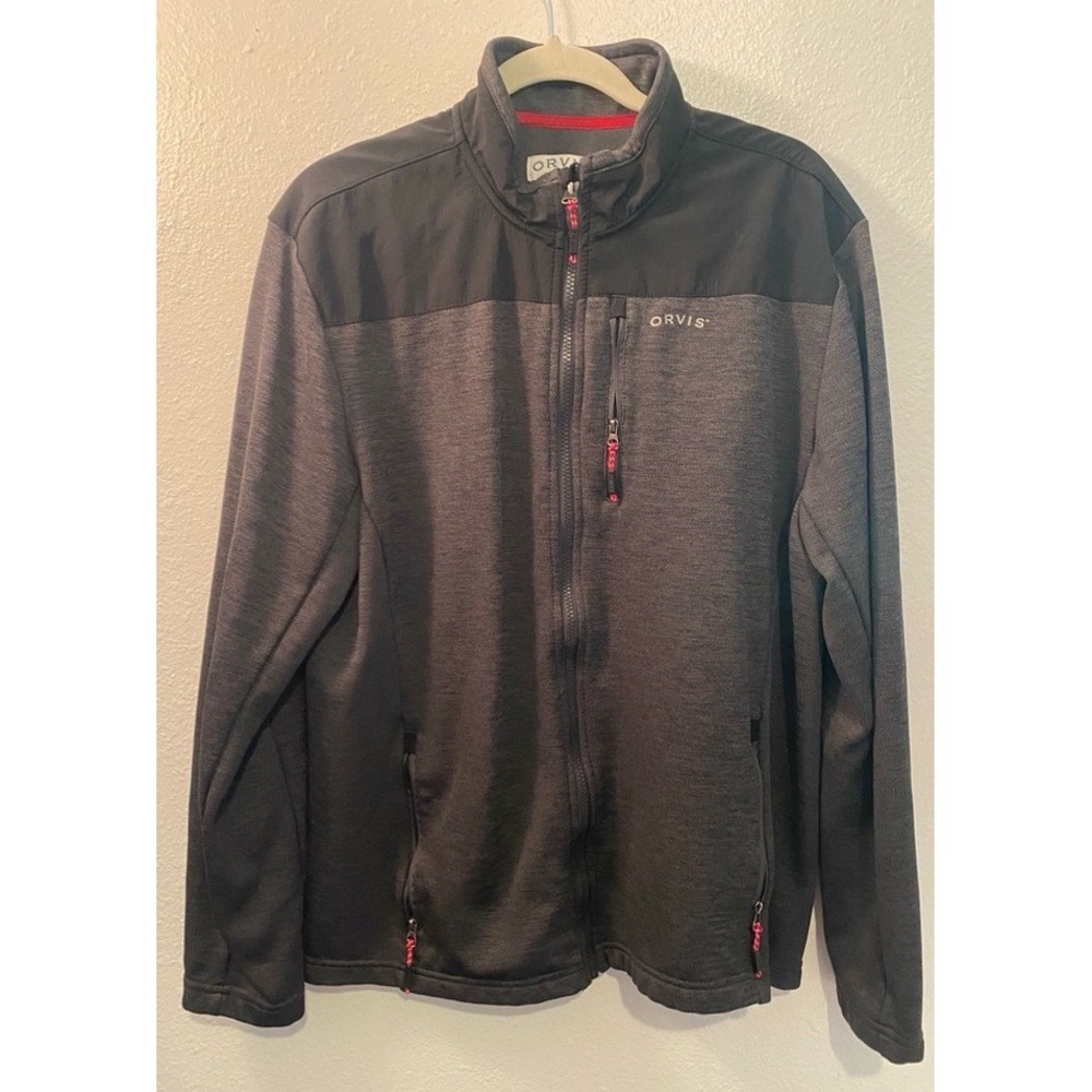 Orvis Full Zip Jacket Mens L Grey Black Excellent Fleece Lined Contrast Yoke